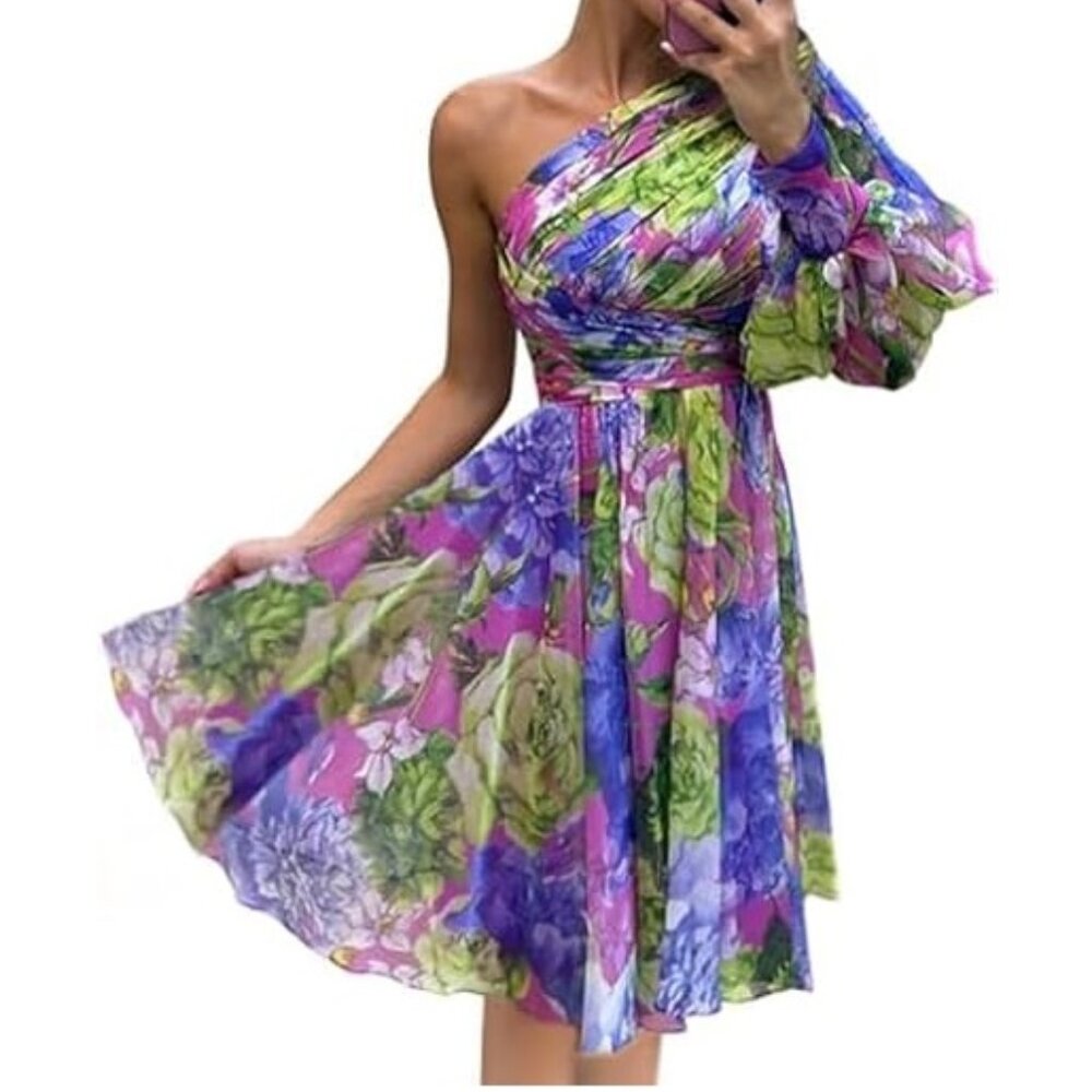 NWOT ChicMe Lantern Sleeve One Shoulder Floral Dress size Small